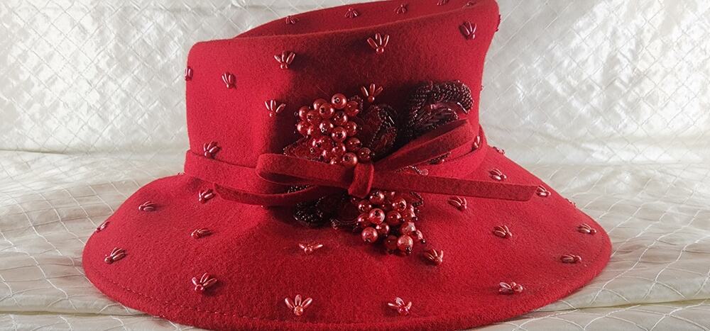 Something Special Red 100% Wool Hat Beaded Floral Wide Brim Church Derby